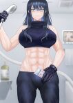  1girl abs ass_visible_through_thighs bangs bare_shoulders bathroom black_gloves black_hair black_pants black_shirt blue_archive blue_eyes bottle breasts closed_mouth commentary_request cover cover_page cowboy_shot crop_top frown gloves groin halo highres holding holding_bottle holding_shower_head indoors kitayuki_kajika large_breasts long_hair looking_at_viewer midriff navel no_mask pants saori_(blue_archive) second-party_source shadow shirt shower_head sleeveless sleeveless_shirt soap_bottle solo standing textless_version towel 
