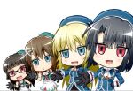  4girls atago_(kancolle) beret black_gloves black_hair blonde_hair blue_eyes blue_headwear brown_hair chibi choukai_(kancolle) glasses gloves green_eyes green_shirt hair_ornament hat kantai_collection long_hair looking_at_viewer maya_(kancolle) maya_kai_ni_(kancolle) military military_uniform minazuki_noumu multiple_girls nigerundayo! pleated_skirt red_eyes sailor_collar shirt short_hair skirt sleeveless sleeveless_shirt smile takao_(kancolle) uniform upper_body white_sailor_collar white_shirt x_hair_ornament 