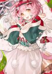  1girl absurdres animal_ears apron arknights awakeningdog black_bracelet blush bow braid candy candy_cane cat_ears cat_girl cat_tail cowboy_shot floppy_ears floral_print flower food goldenglow_(arknights) goldenglow_(night_loving_servant)_(arknights) green_sleeves hair_bow hairband hands_up highres layered_sleeves long_sleeves looking_at_viewer mistletoe official_alternate_costume open_mouth poinsettia pom_pom_(clothes) print_hairband red_bow red_hairband red_shirt shirt solo tail tail_bow tail_ornament teeth v white_apron white_bow yellow_eyes 