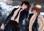  2boys amputee angel_devil_(chainsaw_man) angel_wings beach bisou black_hair black_jacket black_necktie black_pants blood blood_on_clothes blood_on_face blue_eyes brown_hair chainsaw_man collared_shirt foaming_waves formal halo hayakawa_aki highres jacket looking_at_another lying medium_hair multiple_boys necktie no_arms on_back on_ground on_stomach pants partially_submerged puddle_of_blood shirt shirt_tucked_in shore short_hair suit wet wet_clothes white_shirt wings 