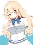  1girl aoki_hagane_no_arpeggio arms_behind_back atago_(kancolle) blonde_hair blue_bow blue_bowtie blue_eyes bow bowtie breast_pocket breasts cosplay kantai_collection large_breasts long_hair looking_at_viewer military military_uniform naval_uniform one-hour_drawing_challenge one_eye_closed pocket school_uniform shirt simple_background skirt smile solo uniform white_background white_shirt white_skirt x6f 