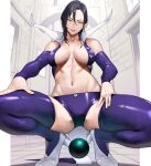  1girl absurdres black_hair breasts breasts_apart collarbone cropped_jacket detached_sleeves hair_between_eyes hands_on_own_thighs high_heels highres jacket large_breasts looking_at_viewer medium_hair merlin_(nanatsu_no_taizai) mole mole_under_eye nanatsu_no_taizai navel orb parted_lips purple_jacket purple_shorts purple_sleeves purple_thighhighs short_shorts shorts simple_background sleeveless sleeveless_jacket smile solo spread_legs squatting stomach thighhighs white_footwear yellow_eyes yoshio_(55level) 