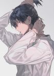  1boy adjusting_hair bangs black_hair blue_eyes chainsaw_man cropped_torso earrings hair_tie_in_mouth hayakawa_aki highres jewelry looking_to_the_side manfung medium_hair mouth_hold shirt simple_background solo stud_earrings topknot tying_hair white_background white_shirt 