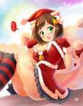  1girl absurdres animal_ears artist_name bangs black_socks bow breasts brown_hair capelet cat_ears cat_tail christmas commentary dress fang fur-trimmed_capelet fur-trimmed_dress fur_trim gloves green_eyes hair_bow hair_ornament hairclip hat heart highres idolmaster idolmaster_cinderella_girls kibihimi kneehighs looking_at_viewer maekawa_miku medium_breasts open_mouth panties pantyshot paw_pose pleated_dress red_bow red_capelet red_gloves red_headwear red_socks sack santa_dress santa_gloves santa_hat short_dress short_hair signature sitting smile snowflakes socks solo star_(symbol) star_hair_ornament striped striped_socks tail underwear 