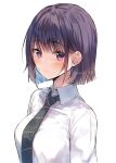  1girl amamine bangs black_necktie bob_cut closed_mouth collarbone looking_at_viewer necktie original purple_eyes purple_hair short_hair simple_background solo striped_necktie twitter_username upper_body white_background 