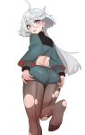  1girl absurdres ahoge ass asticassia_school_uniform back-seamed_legwear bangs black_pantyhose feet foot_out_of_frame front-seamed_legwear green_shorts grey_eyes grey_hair gundam gundam_suisei_no_majo hair_between_eyes highres kiritzugu legs long_hair looking_back miorine_rembran no_shoes pantyhose pantyhose_under_shorts school_uniform seamed_legwear shorts soles solo swept_bangs toes torn_clothes torn_pantyhose 