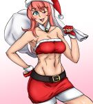  1girl abs asortofcolorfag bangs bb_(baalbuddy) belt birdy_cephon_altirra blue_eyes breasts christmas cleavage colorized dyed_bangs gloves hat long_hair looking_at_viewer multicolored_hair one_eye_closed open_mouth pink_hair santa_hat simple_background smile solo tetsuwan_birdy two-tone_hair white_hair 