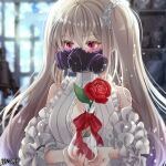  1girl blurry blurry_background breasts cleavage dairoku_ryouhei dress flower gas_mask hair_ornament hair_scrunchie holding_vase indoors light_brown_hair mask pink_eyes red_flower scrunchie twintails upper_body vase white_dress white_scrunchie yoshiki1020 