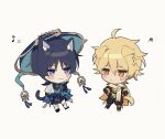  2boys aether_(genshin_impact) ahoge animal_ear_fluff animal_ears arm_armor baggy_pants bangs belt black_belt black_bow black_footwear black_gloves black_hair black_pants black_shirt black_shorts blonde_hair blue_gemstone blue_headwear blue_vest blunt_ends blush boots bow braid cat_ears cat_tail chibi closed_mouth crystal dog_ears dog_tail earrings full_body gem genshin_impact gloves hair_between_eyes half-closed_eyes hand_on_own_face hand_up hands_up hat jewelry jingasa leaf long_hair looking_at_another male_focus mandarin_collar multiple_boys musical_note nuk0ji open_clothes open_vest orange_eyes pants parted_bangs pom_pom_(clothes) purple_belt purple_eyes sandals scaramouche_(genshin_impact) scarf shirt short_hair short_sleeves shorts simple_background single_earring sleeveless sleeveless_shirt smile smug socks standing star_(symbol) sweat sweatdrop tail two-tone_vest v-shaped_eyebrows vest vision_(genshin_impact) wanderer_(genshin_impact) white_background white_scarf white_socks white_vest 