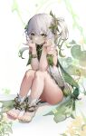  1girl absurdres armlet bare_shoulders blush closed_mouth commentary detached_sleeves dress elbows_on_knees feet full_body genshin_impact gradient_hair green_dress green_eyes green_hair green_sleeves grey_hair hair_ornament highres leaf_hair_ornament legs long_hair looking_at_viewer megu_(pixiv9460065) multicolored_hair nahida_(genshin_impact) pointy_ears side_ponytail simple_background sitting sleeveless sleeveless_dress smile solo stirrup_footwear symbol-shaped_pupils thighs toeless_footwear toes two-tone_dress white_dress white_footwear 