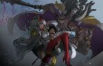  1girl 2boys belt black_hair breasts club_(weapon) coat coat_on_shoulders epaulettes father_and_daughter fleeing funi_xd high_heels highres holding holding_weapon horns kaidou_(one_piece) kanabou large_breasts long_hair monkey_d._luffy multicolored_hair multiple_boys one_piece oni_horns pants red_footwear red_pants short_hair tattoo weapon white_coat white_hair yamato_(one_piece) yellow_belt 