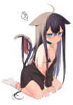  1girl ahoge animal_ears bangs bell between_legs bikini black_bikini black_choker black_hair black_jacket blue_eyes blush bow breasts cat_ears cat_girl cat_tail choker closed_mouth commentary_request full_body hair_between_eyes hand_between_legs jacket jingle_bell long_hair long_sleeves looking_at_viewer navel neck_bell no_shoes off_shoulder open_clothes open_jacket original red_bow simple_background sitting small_breasts socks solo swimsuit tail tail_bow tail_ornament tail_raised translation_request usagimiko very_long_hair wariza white_background white_socks 