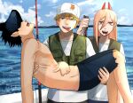  1girl 2boys animal beam_(chainsaw_man) blood blood_on_face blue_sky boat carrying chainsaw_man cloud cross-shaped_pupils denji_(chainsaw_man) fish fishing fishing_rod hair_between_eyes hat holding holding_animal holding_fish horns long_hair looking_at_viewer multiple_boys open_mouth pochita_(chainsaw_man) power_(chainsaw_man) princess_carry red_horns sealc4nfly sharp_teeth shirt short_hair shorts sky symbol-shaped_pupils teeth topless_male torn_clothes vest water watercraft white_shirt yellow_eyes 