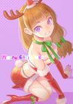  1girl amanogawa_kirara antlers arm_support bangs blunt_bangs boots brown_hair christmas crop_top fake_antlers fake_tail fur-trimmed_gloves fur-trimmed_shirt fur-trimmed_skirt fur_trim gloves go!_princess_precure green_ribbon grin hair_ornament half_gloves hat high_heel_boots high_heels holly_hair_ornament jj_(ssspulse) kneeling leaning_forward looking_at_viewer merry_christmas mini_hat mini_santa_hat miniskirt neck_ribbon precure purple_background purple_eyes rabbit_tail red_footwear red_gloves red_shirt red_skirt reindeer_antlers ribbon santa_hat shadow shirt simple_background skirt smile solo strapless strapless_shirt tail 