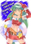  1girl adapted_costume armpits belt breasts christmas closed_mouth dated feena_(grandia) gloves grandia grandia_i green_hair hair_ornament hair_tubes hat highres jewelry long_hair merry_christmas necklace okobore_de_shou santa_hat skirt smile solo star_(symbol) thighhighs 