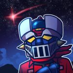  clenched_hand commentary cosplay hand_on_own_chest jacket jazz_jack korean_commentary lowres mazinger_(series) mazinger_z mazinger_z_(mecha) mecha mizuki_ichirou_(singer) mizuki_ichirou_(singer)_(cosplay) night night_sky no_humans red_jacket red_scarf robot scarf shooting_star sky solo star_(sky) starry_sky upper_body yellow_eyes 