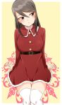  0:00 1girl bangs brown_eyes brown_hair christmas collared_dress commentary dress fur-trimmed_dress fur_trim girls_und_panzer highres long_hair long_sleeves looking_to_the_side mika_(girls_und_panzer) no_headwear parted_lips red_dress santa_dress short_dress sitting solo thighhighs white_thighhighs yellow_background 