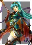  1girl aduti_momoyama armor bangs black_cape blue_eyes blue_hair boots breastplate brown_footwear brown_gloves cape closed_mouth earrings eirika_(fire_emblem) elbow_gloves faulds fire_emblem fire_emblem:_the_sacred_stones fire_emblem_heroes gloves greaves high_heel_boots high_heels highres holding holding_polearm holding_weapon jewelry leg_up light_blue_hair long_hair looking_at_viewer multicolored_cape multicolored_clothes official_alternate_costume polearm ponytail red_cape shoulder_armor sidelocks skindentation smile solo spear thighhighs weapon white_thighhighs zettai_ryouiki 