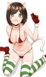  0:00 1girl absurdres animal_ears arm_behind_back bangs bell bikini black_choker bob_cut boots breasts bright_pupils brown_hair cat_ears cat_tail choker christmas cleavage commentary earrings fang gloves green_eyes green_thighhighs halterneck highres idolmaster idolmaster_cinderella_girls jewelry large_breasts looking_at_viewer maekawa_miku navel neck_bell red_bikini red_footwear santa_bikini santa_boots santa_gloves shadow short_hair simple_background sitting solo string_bikini striped striped_thighhighs stud_earrings swept_bangs swimsuit tail thighhighs wariza white_background white_pupils 