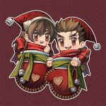  1boy 1girl :d brown_eyes brown_hair chibi dr._stone english_commentary hat ly_hao_nguyen mittens ooki_taiju red_background red_scarf santa_hat scarf smile spiked_hair 