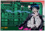  1boy blue_hair cigarette crossed_arms dress_shirt factory green_eyes holding holding_cigarette industrial jacket jacket_on_shoulders kaneoya_sachiko limited_palette looking_to_the_side male_focus necktie open_mouth original outdoors shirt short_hair smoking solo wind 