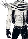  1boy abs bare_pectorals belt charlotte_katakuri chest_tattoo covered_mouth cowboy_shot gloves greyscale highres hyt397 looking_at_viewer male_focus monochrome muscular muscular_male one_piece open_clothes open_vest pants pectorals polearm scar scarf scarf_over_mouth short_hair simple_background skull_belt solo spear standing stitches tattoo vest weapon weapon_on_back 