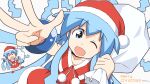  2girls :d ;d bangs blue_eyes blue_hair bracelet christmas commentary_request dress english_text enoya-eno highres holding holding_sack ikamusume jewelry long_hair looking_at_viewer merry_christmas mini-ikamusume multiple_girls one_eye_closed one_side_up open_mouth over_shoulder red_dress red_footwear red_headwear sack shinryaku!_ikamusume short_dress simple_background sleeveless sleeveless_dress smile solid_circle_eyes tentacle_hair w white_background 