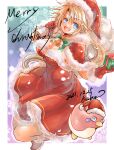  1girl absurdres blonde_hair blue_eyes blush breasts christmas dated dress full_body gloves hat highres kyabia long_hair looking_at_viewer merry_christmas meythia monster open_mouth saga saga_frontier_2 santa_hat smile snowflakes solo 