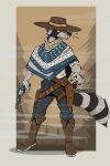  absurd_res anthro boots clothed clothing cowboy cowboy_hat footwear gun handgun hat headgear headwear hi_res holster male mammal mawkvlt poncho procyonid raccoon ranged_weapon revolver simple_background solo standing weapon 