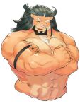  abs anthro arsalan beard chest_tuft crossed_arms eyes_closed facial_hair felid green_hair hair hi_res ituduki_aaa lifewonders lion male mammal mane muscular muscular_arms muscular_male navel pantherine pecs sideburns smile solo tokyo_afterschool_summoners tuft video_games 