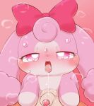  &lt;3 &lt;3_eyes anthro badwingm balls blush bodily_fluids cocotama duo female foreskin fur genitals hi_res himitsu_no_cocotama male male/female melory open_mouth penis pink_background pink_body pink_bow pink_eyes pink_fur saliva saliva_string semi-anthro simple_background sweat tongue tongue_out 