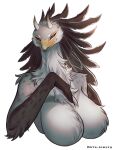  accipitriform anthro avian avian_demon beak big_breasts bird black_eyes breasts bust_portrait featureless_breasts female head_feathers hela_(fluffythunderbird) hi_res horn iris-icecry long_neck looking_at_viewer nude portrait secretary_bird simple_background smile white_background 