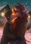  absurd_res anthro ardail big_breasts bovid bovine breasts cattle clothed clothing female hat headgear headwear hi_res human human_on_anthro interspecies kissing larger_female male male/female mammal outside scarf size_difference smaller_male snow snowing 