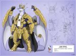  2016 anthro armor biped color_swatch colored crown dragon drake_(zerofox) english_text horn king male melee_weapon model_sheet prehensile_wings purple_body purple_scales purple_wings royalty scales scalie solo story story_in_description sword symbol text weapon western_dragon wings yellow_armor zerofox1000 