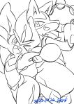 2022 absurd_res ambiguous_gender anthro canid canine cinderace duo eye_contact fur generation_4_pokemon generation_8_pokemon happy hi_res lagomorph leporid line_art long_ears looking_at_another lucario mammal minamo_(pixiv17726065) monochrome nintendo one_eye_closed open_mouth pokemon pokemon_(species) signature simple_background smile standing thick_thighs unfinished video_games wink 