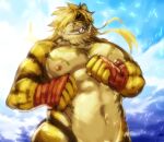  anthro beach cloud eyes_closed felid hair hand_wraps ituduki_aaa lifewonders long_hair macan_(tas) male mammal navel nipples nude one_eye_obstructed pantherine pecs seaside smile soft_abs solo sun tiger tokyo_afterschool_summoners video_games wraps 