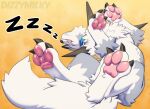  2022 3_toes absurd_res claws collar dizzymilky feet feral generation_7_pokemon hi_res lycanroc lying male nintendo on_back pawpads paws pokemon pokemon_(species) simple_background sleeping solo spikes toe_claws toes video_games 
