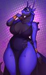  accessory anthro big_breasts breasts clothing female glowing glowing_eyes hi_res jewelry looking_at_viewer machine purple_body robot saphgriffin smile solo solo_focus synth_(vader-san) thick_thighs wide_hips 