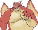  anthro back_wings belly blue_tongue blush dragon embarrassed exe_exem horn male nipples oumi_(tamacolle) overweight overweight_male red_body shirtless simple_background solo tamacolle tongue white_background wings 