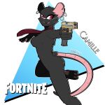  anthro black_body black_fur camille_(fortnite) ear_piercing ear_ring epic_games female fortnite fur gun hi_res looking_at_viewer mammal mouse murid murine necktie notched_ear pawpads piercing ranged_weapon red_eyes ring_piercing rodent solo thibbycat video_games weapon whiskers 