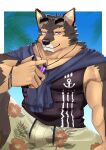  absurd_res anthro brown_body brown_fur clothing eyewear eyewear_on_head fur green_tea_kmn hi_res lifewonders live-a-hero male muscular muscular_anthro muscular_male pecs pubraseer purple_eyes shirt solo sunglasses sunglasses_on_head tank_top topwear video_games 