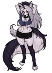  anthro big_breasts breasts canid canid_demon claws clothed clothing cursedanchovy demon female fluffy fluffy_tail fur grey_hair hair hellhound helluva_boss hi_res loona_(helluva_boss) mammal nipples partially_clothed simple_background solo thick_thighs white_body white_fur 