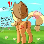  2020 anatomically_correct anatomically_correct_anus anatomically_correct_genitalia anatomically_correct_pussy anus applejack_(mlp) assisted_exposure blonde_hair butt clothing cowboy_hat cutie_mark darkened_genitalia dialogue digital_drawing_(artwork) digital_media_(artwork) dock earth_pony equid equine exclamation_point female feral flower friendship_is_magic genitals hair hasbro hat headgear headwear hi_res horse humor magic mammal my_little_pony offscreen_character orange_body plant pony puffy_anus pussy quadruped raised_tail sex_education solo spread_butt spread_pussy spreading standing telekinesis tjpones yellow_tail 