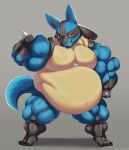  anthro barefoot belly belly_overhang biceps big_belly big_muscles black_body black_fur blue_body blue_fur chest_spike digital_media_(artwork) feet flexing_bicep fur generation_4_pokemon grey_background hi_res huge_muscles hyper hyper_muscles lucario male male_anthro musclegut muscular muscular_anthro muscular_arms muscular_legs muscular_male navel nintendo overweight overweight_anthro overweight_male pokemon pokemon_(species) red_eyes senakun0530 simple_background smile smirk solo spikes spikes_(anatomy) standing tan_body tan_fur teeth teeth_showing veiny_muscles video_games 