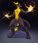  2022 anthro athletic balls black_body black_nipples black_penis black_scales clawed_fingers claws dragon electricity electricity_manipulation elemental_manipulation genitals hi_res horn male markings nipples nude penis romarom scales scalie solo tailblade thundernight toe_claws toned_body toned_muscles wingless_dragon yellow_balls yellow_body yellow_horn yellow_markings yellow_scales yellow_tailblade 