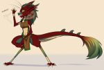  2021 6my alternate_species anthro better_version_at_source breasts digital_media_(artwork) drako_(drakoflame2) female gesture horn looking_at_viewer mammal out-of-placers red_body simple_background smile solo standing waving waving_at_viewer webcomic yinglet 