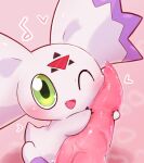  &lt;3 ambiguous_gender anthro badwingm bandai_namco bodily_fluids calumon digimon digimon_(species) duo embrace fur genital_fluids genitals green_eyes hi_res hug male male/ambiguous musical_note one_eye_closed open_mouth open_smile penis penis_hug pink_background precum simple_background size_difference smile tapering_penis white_body white_fur 