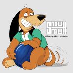  2022 anthro augie_doggie_and_doggie_daddy bottomless bottomless_anthro bottomless_male bowling_ball bowling_shirt canid canine canis claws clenched_teeth clothed clothing doggie_daddy domestic_dog half-closed_eyes hanna-barbera jellystone_(hbo_max) looking_at_viewer male mammal narrowed_eyes nervous nervous_smile shirt shirt_only signature sitting smile smiling_at_viewer snowmutt solo tail_motion tailwag teeth toe_claws topwear topwear_only 