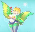  &lt;3 anthro avian beak big_breasts blonde_hair blush bottomwear breast_grab breasts clothed clothing fan_character female hair hand_on_breast hi_res huge_breasts legwear mistleinn navel nipple_grab nipples overweight shorts smile solo stockings thick_thighs tongue tongue_out wings ych_result 