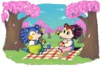  2022 animal_crossing anthro arthropod basket beverage blue_body brown_body butterfly cherry_blossom cherry_blossom_tree cherry_tree clothing container duo eulipotyphlan eyes_closed female food fruit_tree green_overalls hedgehog hi_res holding_food holding_object insect lepidopteran lidded_eyes mabel_able mammal nintendo outside overalls picnic picnic_basket picnic_blanket pink_overalls plant sable_able sandwich_(food) shirt smash-chu topwear tree video_games white_clothing white_shirt white_topwear 